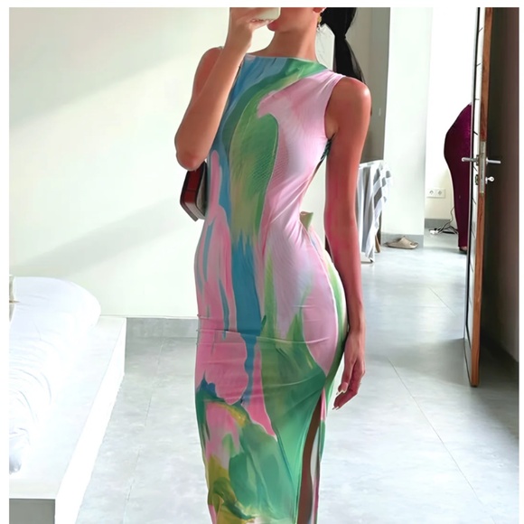 Monet Garden Print Sleeveless Long Dress - Size Large - Picture 1 of 5